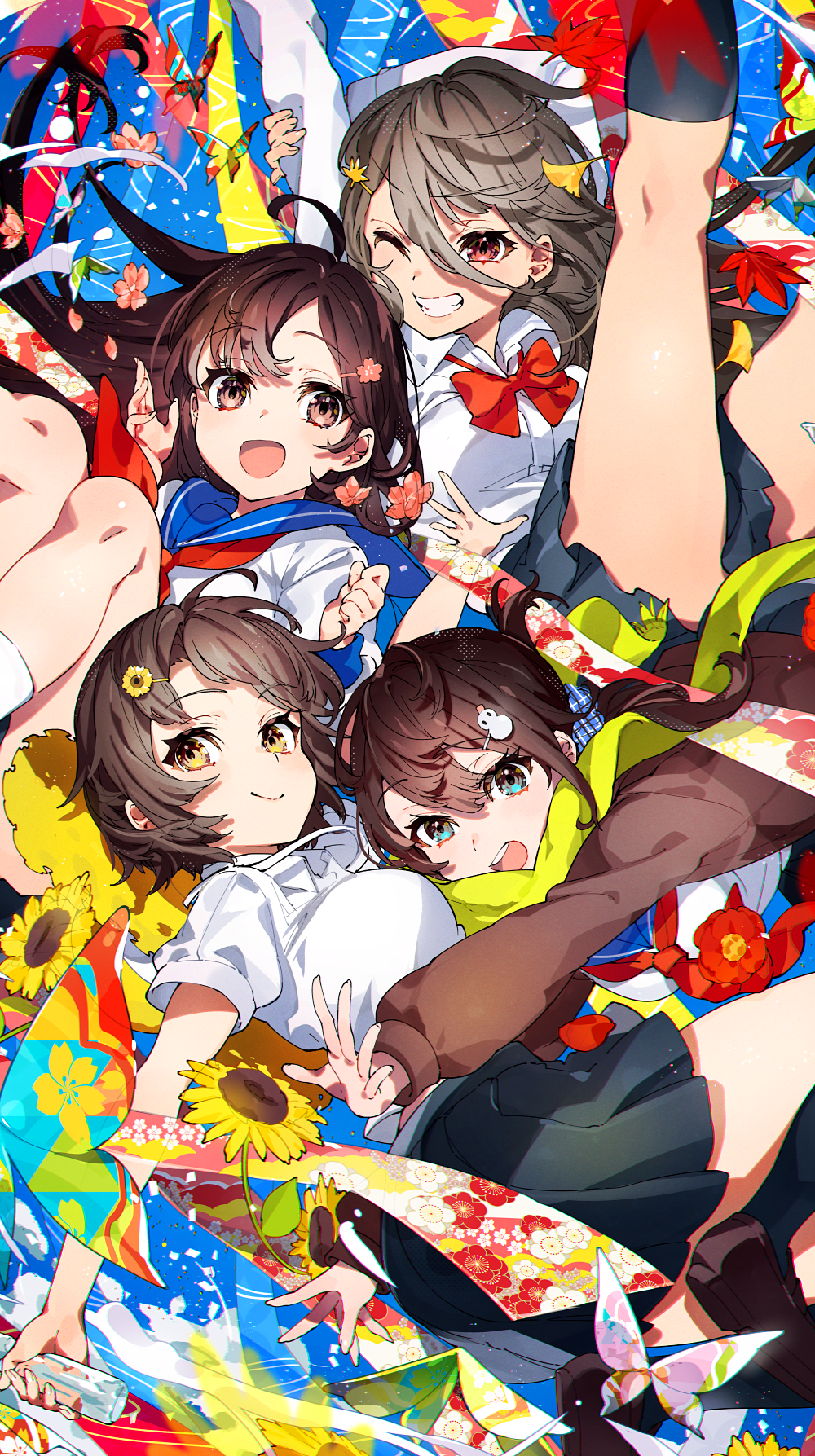 4girls :d arms_up autumn_leaves bangs black_legwear black_skirt blue_eyes blue_sailor_collar breasts brown_eyes brown_hair brown_jacket collared_shirt commentary_request eyebrows_visible_through_hair flower grin hair_between_eyes hair_flower hair_ornament hairclip highres jacket kneehighs knees_up large_breasts leaf leaf_hair_ornament leg_up long_sleeves looking_at_viewer maple_leaf mika_pikazo multiple_girls neckerchief official_art one_eye_closed open_clothes open_jacket open_mouth original pleated_skirt puffy_long_sleeves puffy_short_sleeves puffy_sleeves red_eyes red_flower red_neckwear sailor_collar scarf school_uniform serafuku shirt short_sleeves skirt smile snowman_hair_ornament sunflower upper_teeth white_shirt yellow_flower yellow_scarf