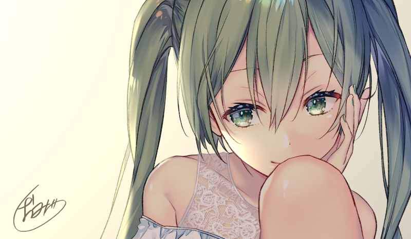 1girl bare_shoulders collarbone commentary green_eyes green_hair green_nails half-closed_eyes hand_on_own_cheek hatsune_miku knee_up nail_polish portrait shiomizu_(swat) sidelighting sideways_glance signature smile solo vocaloid yellow_background