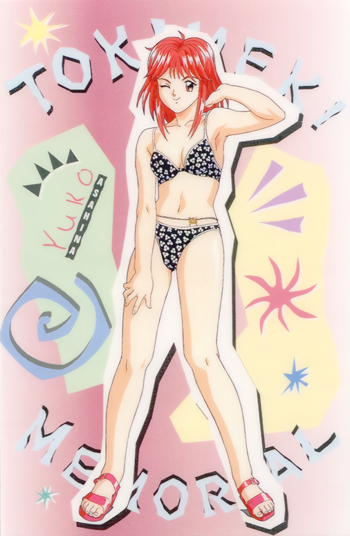 1990s_(style) 1girl asahina_yuko belly_chain bikini character_name copyright_name full_body hand_on_own_thigh hand_to_head jewelry kokura_masashi navel official_art one_eye_closed pink_eyes pink_hair sandals smile solo standing swimsuit tokimeki_memorial tokimeki_memorial_1