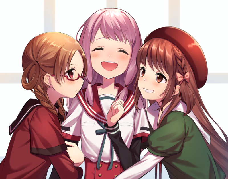 3girls :d ^_^ annoyed bangs beret black_sailor_collar blunt_bangs blush braid brown_eyes brown_hair buttons closed_eyes dot_nose eyelashes facing_viewer flat_chest french_braid frown furrowed_eyebrows girl_sandwich glasses green_ribbon grin hair_ribbon hand_up hands_on_another's_arms happy hat height_difference hiiragi_nemu indoors kamihama_university_affiliated_school_uniform laughing lineup long_hair long_sleeves looking_at_another magia_record:_mahou_shoujo_madoka_magica_gaiden mahou_shoujo_madoka_magica medium_hair multiple_girls neck_ribbon omochimochi open_mouth parted_lips pink_hair profile puffy_short_sleeves puffy_sleeves red-framed_eyewear red_headwear red_sailor_collar ribbon sailor_collar sandwiched satomi_touka school_uniform semi-rimless_eyewear shiny shiny_hair short_sleeves sidelocks smile standing tamaki_ui tareme teeth twin_braids twintails under-rim_eyewear uniform upper_body upper_teeth v-shaped_eyebrows window