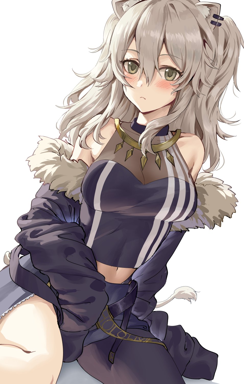 1girl animal_ears athenawyrm bare_shoulders breasts crop_top fangs fur-trimmed_jacket fur_trim grey_hair hair_between_eyes highres hololive jacket jewelry lion_ears lion_girl long_hair looking_at_viewer necklace shishiro_botan sitting solo virtual_youtuber