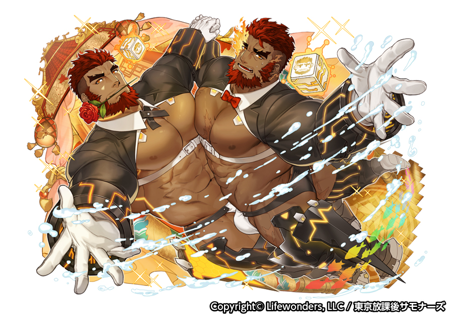2boys abs alternate_costume bara beard blush bow bowtie bulge chest facial_hair flower gloves gomtang hephaestus_(tokyo_houkago_summoners) holding_hands male_focus male_underwear manly multiple_boys muscle nipples official_art pectoral_docking pectorals rose scar shirtless shrug_(clothing) talos_(tokyo_houkago_summoners) thick_thighs thighs tokyo_houkago_summoners underwear white_background