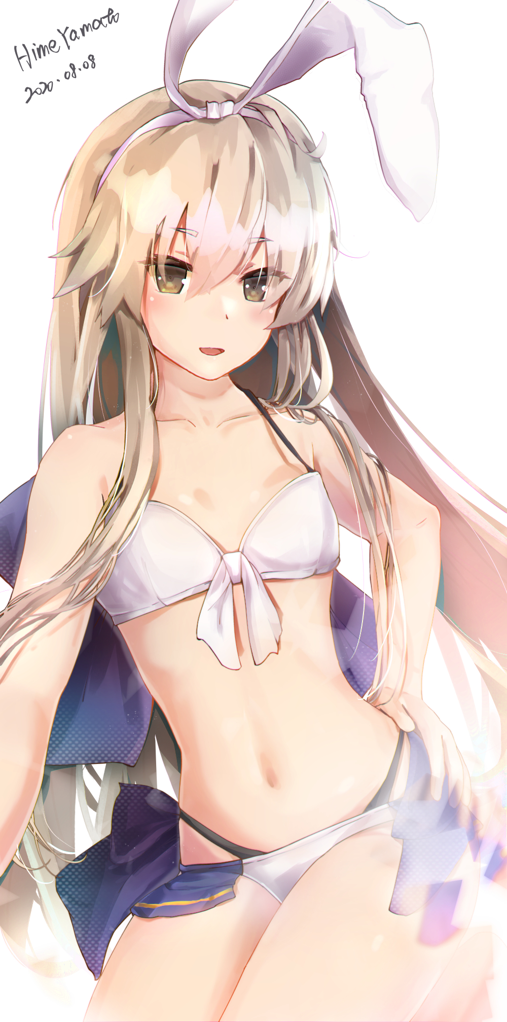 1girl blonde_hair hair_between_eyes hairband highres himeyamato kantai_collection long_hair looking_at_viewer open_mouth shimakaze_(kantai_collection) smile solo swimsuit