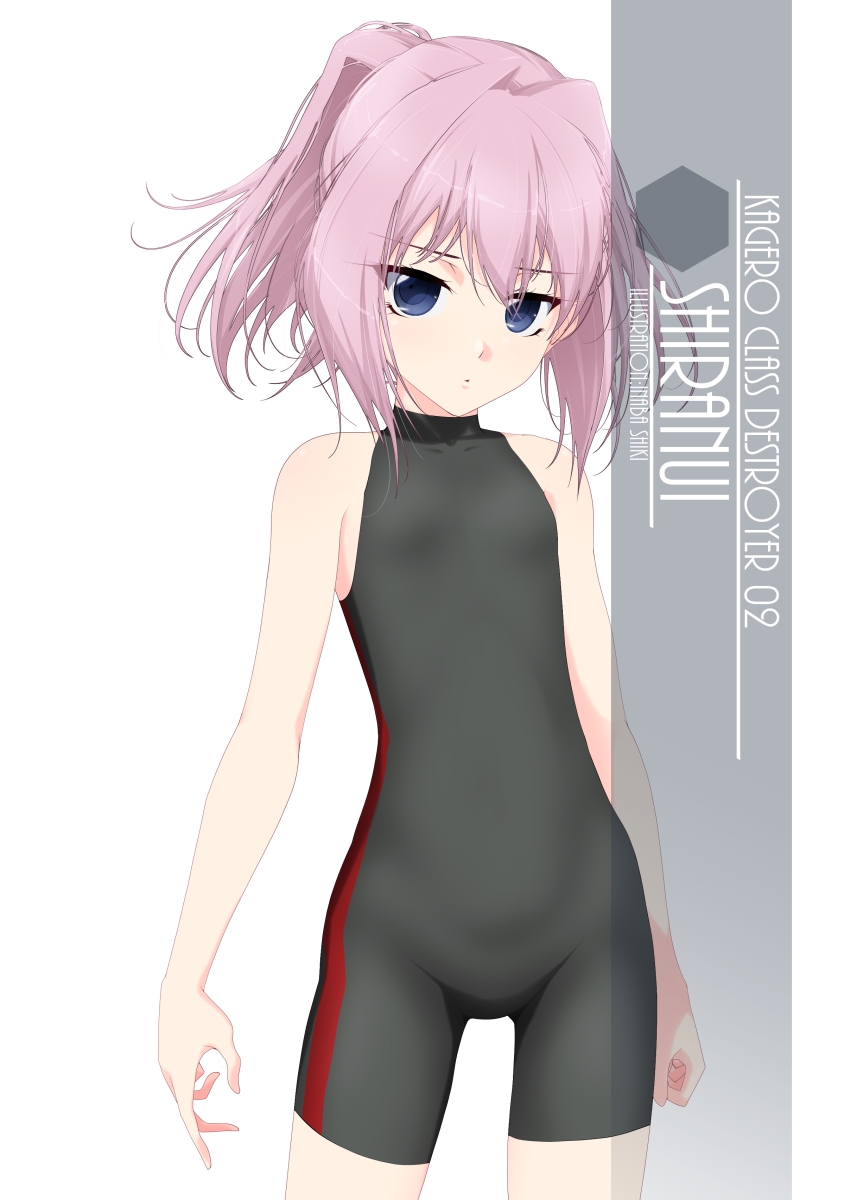 1girl artist_name black_bodysuit black_wetsuit blue_eyes bodysuit character_name commentary_request cowboy_shot flat_chest highres inaba_shiki kantai_collection looking_at_viewer pink_hair ponytail shiranui_(kantai_collection) short_hair simple_background sleeveless solo standing white_background
