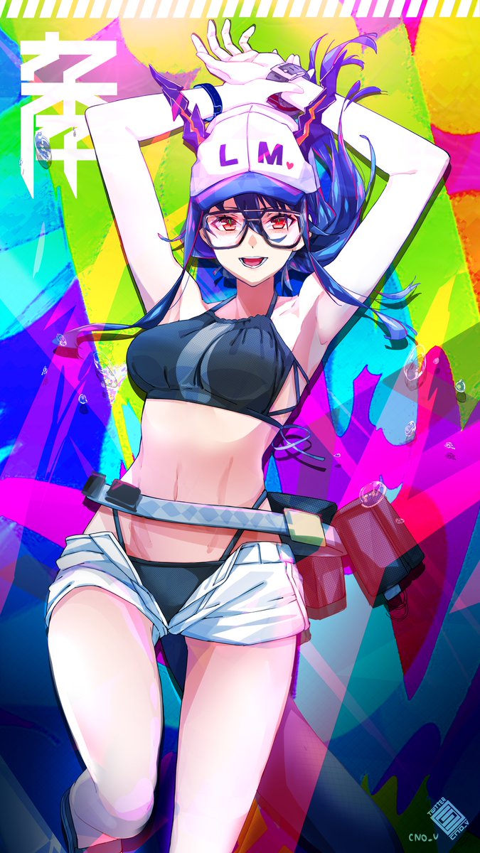 1girl :d alternate_costume arknights armpits arms_up bare_shoulders belt belt_pouch bikini blue_bikini blue_hair bracelet ch'en_(arknights) cno commentary_request dragon_horns dragon_tail glasses halterneck hat highres horns horns_through_headwear jewelry looking_at_viewer multicolored multicolored_background navel open_mouth peaked_cap pouch red_eyes short_shorts shorts sidelocks smile stomach swimsuit tail thighs watch white_shorts