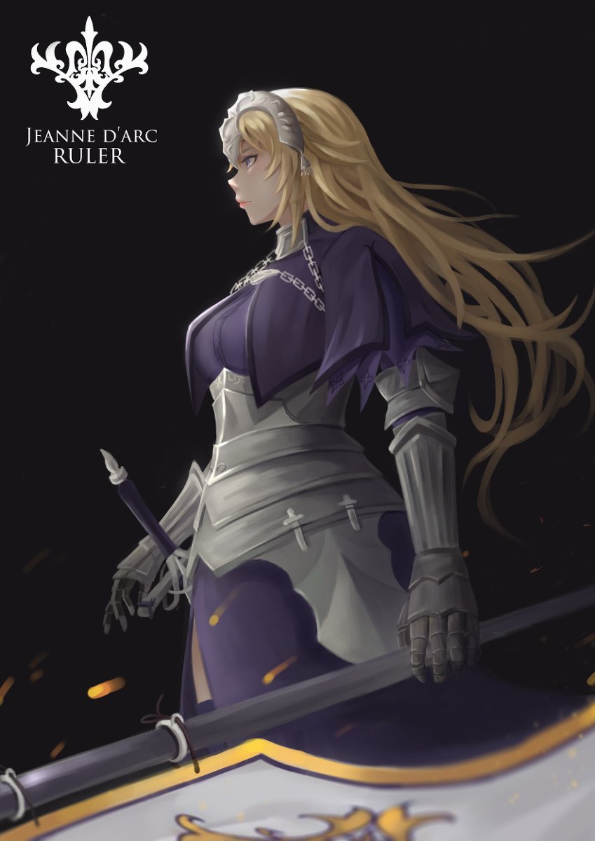 1girl armor armored_dress black_background blonde_hair blue_eyes breasts character_name eyebrows_visible_through_hair fate/grand_order fate_(series) gauntlets highres jeanne_d'arc_(fate) jeanne_d'arc_(fate)_(all) long_hair looking_away selcky solo sword tagme weapon