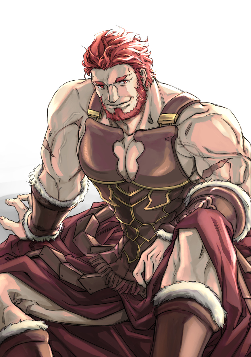 1boy bara bare_shoulders beard cape chest cleavage_cutout facial_hair fate/grand_order fate/zero fate_(series) highres iori0371 iskandar_(fate) leather male_focus manly muscle pectorals red_eyes redhead smile solo