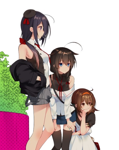 3girls adapted_costume ahoge alternate_costume ariake_(kantai_collection) beret black_blouse black_headwear black_jacket black_legwear black_shirt blouse blue_eyes blue_skirt braid brown_eyes brown_hair candy casual commentary_request denim denim_skirt dress facing_viewer feet_out_of_frame food food_in_mouth grey_shorts hair_flaps hair_ornament hair_over_shoulder hairband hands_in_pockets hat hatori_piyoko jacket kantai_collection layered_shirt leaning_forward lollipop long_hair looking_to_the_side mouth_hold multiple_girls necktie off-shoulder_shirt off_shoulder orange_hairband pencil_skirt red_neckwear remodel_(kantai_collection) shigure_(kantai_collection) shiratsuyu_(kantai_collection) shirt short_hair shorts simple_background single_braid skirt sleeveless sleeveless_shirt squatting striped striped_shorts thigh-highs turtleneck violet_eyes white_background white_dress white_shirt