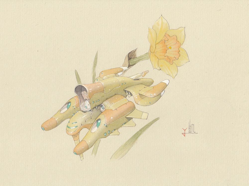 calligraphy_brush_(medium) flower gaimoon leaf mecha mechanization no_humans original signature simple_background tan_background traditional_media watercolor_(medium) yellow_flower