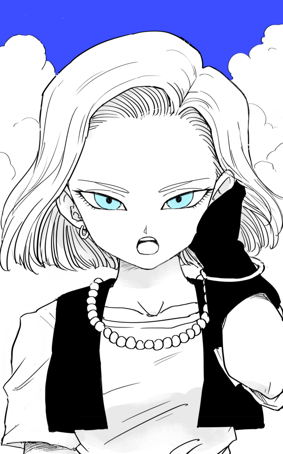 1girl android_18 arm_at_side black_gloves blue_eyes blue_sky blue_theme bracelet breasts clouds cloudy_sky collarbone commentary day dragon_ball dragon_ball_z earrings expressionless eyelashes floating_hair gloves hand_in_hair hand_up highres hoop_earrings jewelry jitome looking_at_viewer medium_breasts monochrome necklace open_mouth outdoors pearl_necklace shirt short_hair short_sleeves sky solo spot_color symbol_commentary teeth tkgsize tongue upper_body upper_teeth waistcoat white_shirt