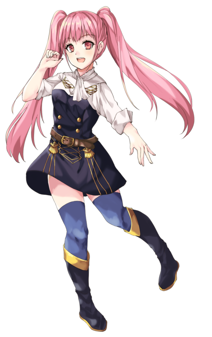 1girl :d bangs black_dress black_footwear blue_legwear boots dress fire_emblem fire_emblem:_three_houses floating_hair full_body fuussu_(21-kazin) hilda_valentine_goneril knee_boots long_hair long_sleeves open_mouth pink_hair red_eyes shiny shiny_hair shirt short_dress simple_background smile solo thigh-highs twintails very_long_hair white_background white_shirt