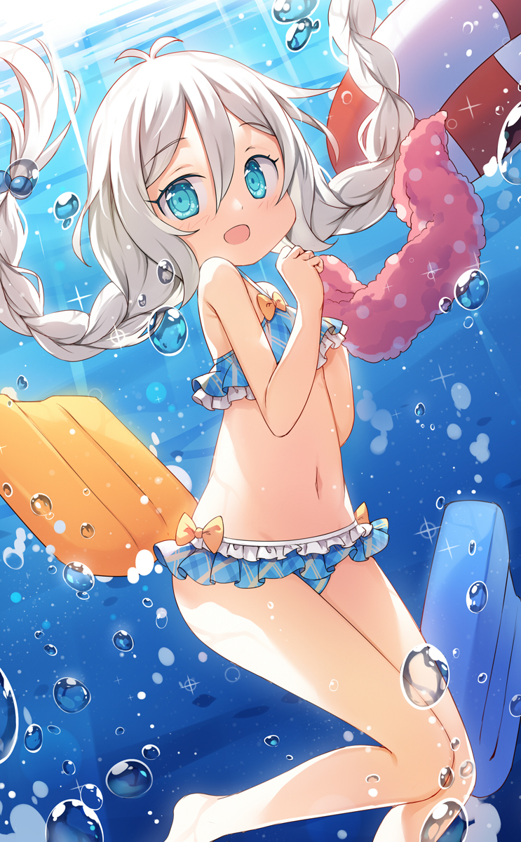 1girl :d air_bubble bangs bare_arms bare_legs bare_shoulders barefoot bikini blue_bikini blue_eyes blush braid bubble commentary_request day eyebrows_visible_through_hair floating_hair fred04142 groin hair_between_eyes highres innertube kickboard kokkoro_(princess_connect!) kokkoro_(real)_(princess_connect!) long_hair looking_at_viewer navel open_mouth outdoors plaid plaid_bikini princess_connect! princess_connect!_re:dive smile solo swimsuit towel twin_braids twintails underwater water