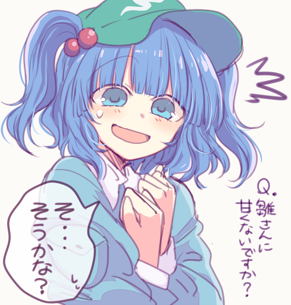 1girl bianco_(mapolo) blouse blue_blouse blue_eyes blue_hair blush clenched_hands collared_shirt eyebrows_visible_through_hair flat_cap green_headwear hair_bobbles hair_ornament hat kawashiro_nitori looking_at_viewer open_mouth pocket shirt short_hair simple_background solo speech_bubble sweat touhou translation_request twintails two_side_up upper_body white_background