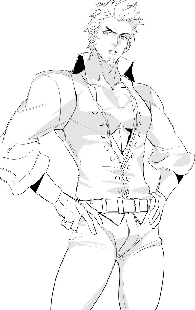 1boy beard chest facial_hair fate/grand_order fate_(series) goatee hands_on_hips juer1004 long_sleeves looking_at_viewer male_focus muscle napoleon_bonaparte_(fate/grand_order) open_clothes open_shirt pants pectorals scar sideburns sketch smile solo tight unbuttoned uncolored white_pants work_in_progress