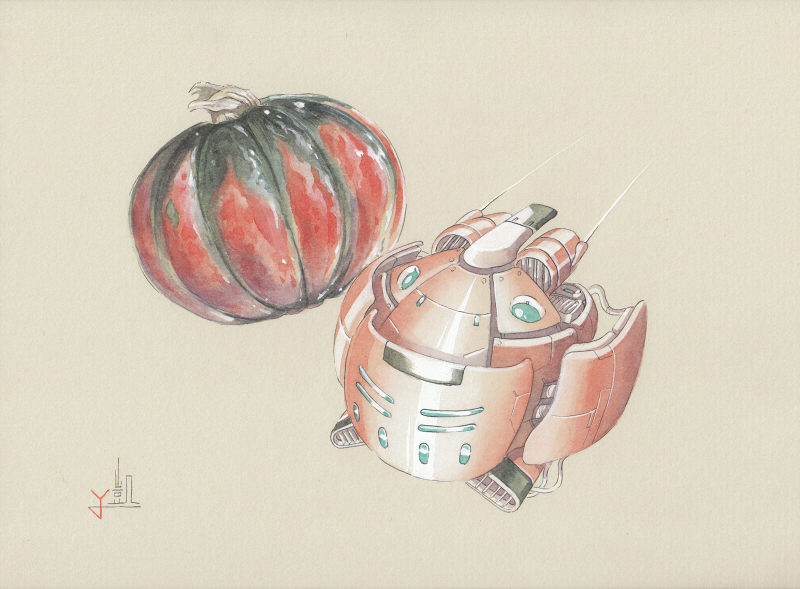 calligraphy_brush_(medium) gaimoon mecha mechanization no_humans original pumpkin signature simple_background tan_background traditional_media watercolor_(medium)