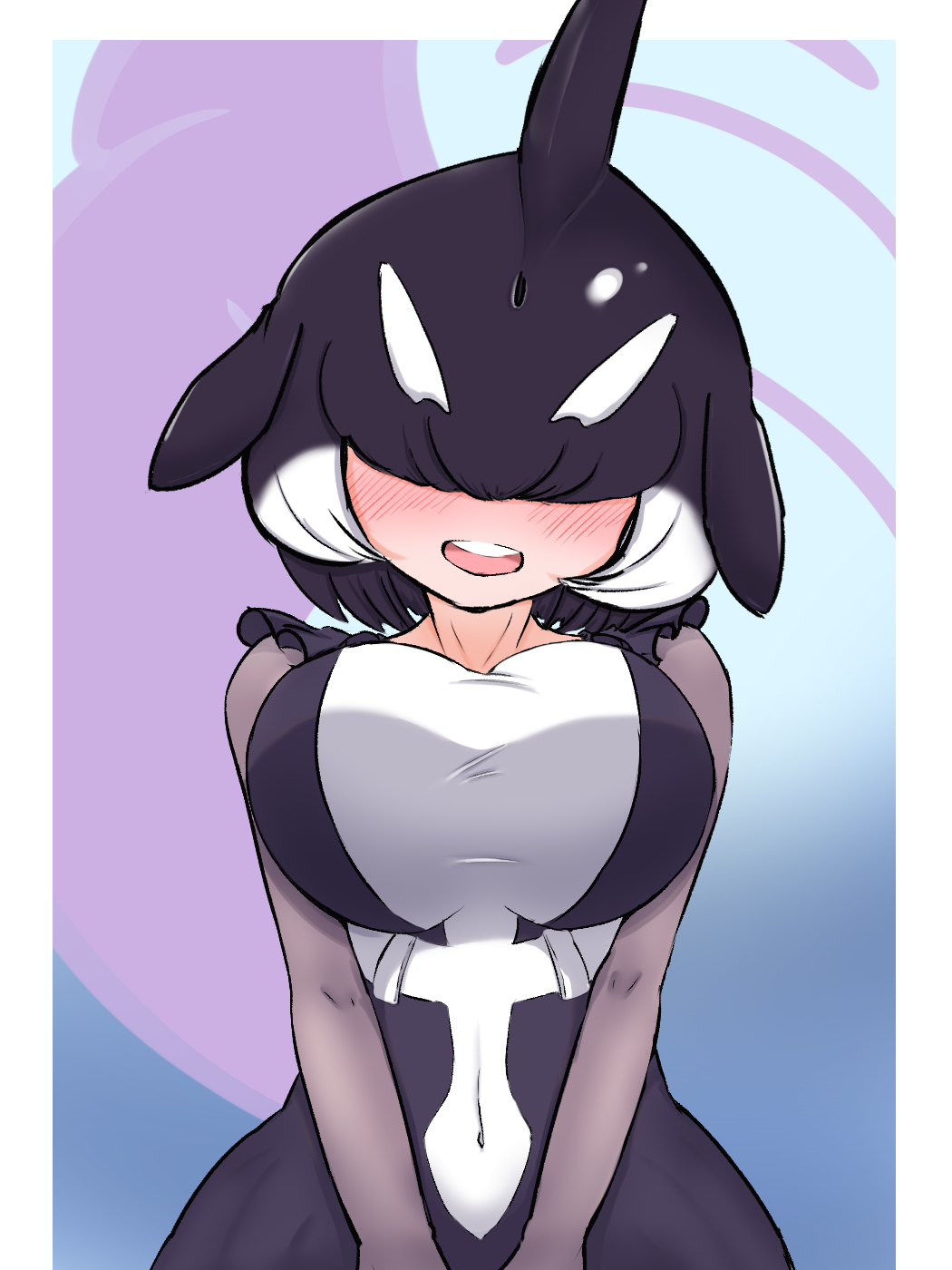 1girl bangs black_hair blowhole blush breasts covered_collarbone covered_navel darus5 dress facing_viewer frills hair_over_eyes head_fins head_tilt highres impossible_clothes impossible_dress kemono_friends large_breasts long_sleeves medium_hair multicolored_hair open_mouth orca_(kemono_friends) smile solo two-tone_hair upper_teeth v_arms white_hair