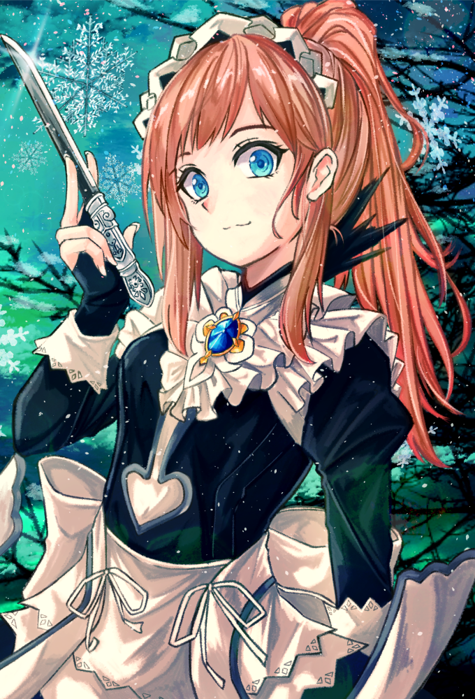 1girl back_bow bangs black_shirt blue_eyes bow brown_hair closed_mouth felicia_(fire_emblem) fire_emblem fire_emblem_fates fuussu_(21-kazin) high_ponytail holding holding_knife knife long_hair long_sleeves maid ribbon shirt smile snowflakes solo white_bow white_ribbon