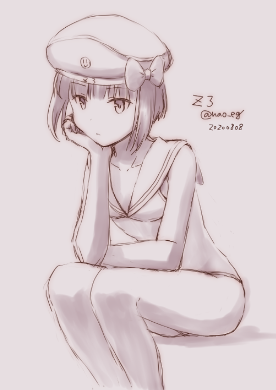 1girl character_name clothes_writing commentary_request dated feet_out_of_frame hand_on_own_chin hat kantai_collection looking_at_viewer monochrome nao_(nao_eg) sailor_bikini sailor_collar sailor_hat sepia short_hair sitting solo twitter_username z3_max_schultz_(kantai_collection)