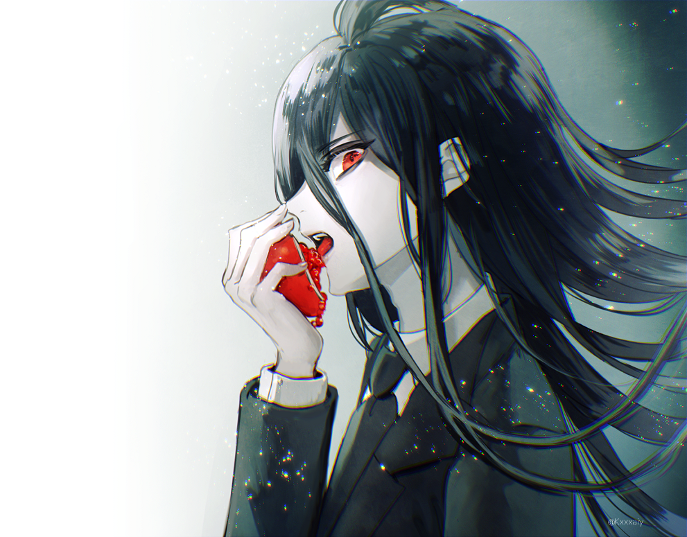 artist_name black_hair black_neckwear black_suit collared_shirt commentary_request dangan_ronpa from_side gradient gradient_background grey_background hinata_hajime holding long_hair long_sleeves looking_at_viewer necktie open_mouth red_eyes sakuyu shirt solo super_dangan_ronpa_2 tagme tongue tongue_out upper_body upper_teeth white_shirt