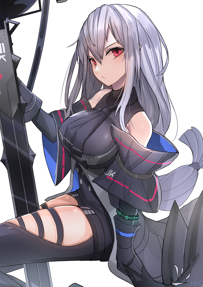 1girl arknights ascot bangs bare_shoulders bikuwa black_gloves black_neckwear black_pants breasts commentary gloves hair_between_eyes large_breasts leggings long_hair looking_at_viewer low-tied_long_hair no_hat no_headwear pants red_eyes silver_hair simple_background sitting skadi_(arknights) solo sword thigh_cutout thighs very_long_hair weapon white_background