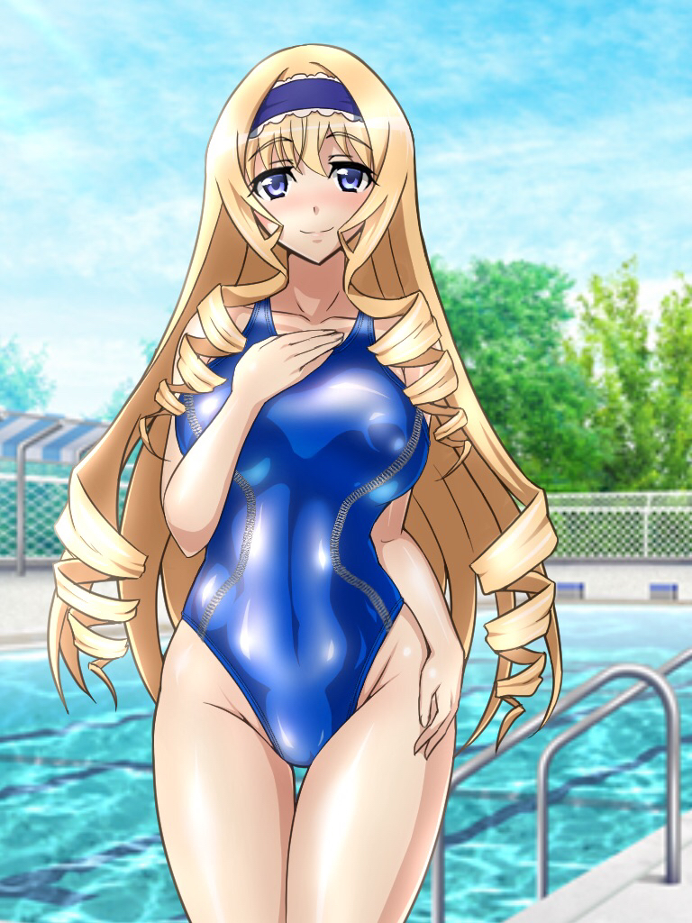 1girl blonde_hair blue_eyes blue_sky blue_swimsuit breasts cecilia_alcott chain-link_fence clouds collarbone commentary_request competition_swimsuit cowboy_shot day fence hairband hand_on_own_chest infinite_stratos large_breasts long_hair looking_at_viewer one-piece_swimsuit outdoors pool pool_ladder shiny shiny_clothes sky solo swimsuit tree yurinozuku1112