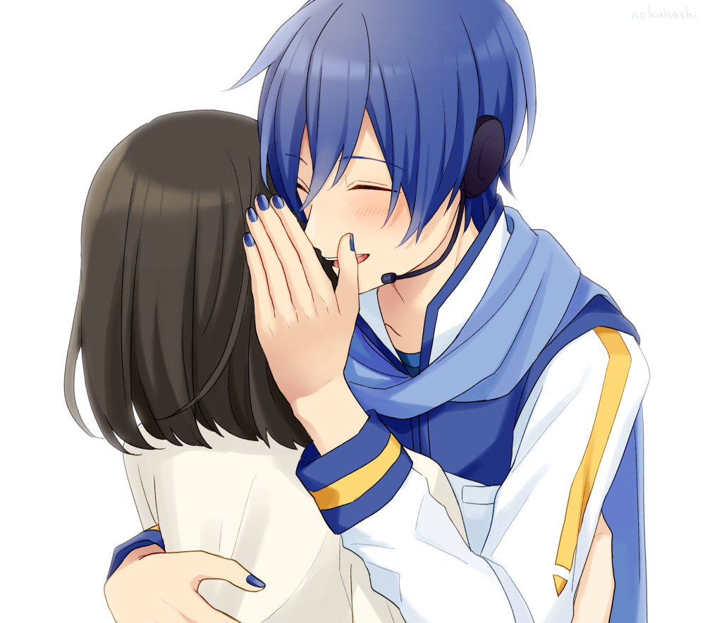 1boy 1girl black_hair blue_hair blue_nails blue_scarf coat commentary headset hug kaito master_(vocaloid) nail_polish nokuhashi open_mouth scarf shirt short_hair smile upper_body vocaloid white_background white_coat white_shirt