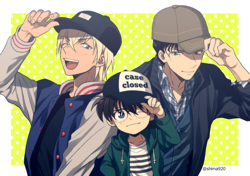 3boys ;d adjusting_headwear akai_shuuichi amuro_tooru arm_up baseball_cap black_hair black_headwear black_jacket blonde_hair blue_eyes border brown_hair brown_headwear casual child closed_mouth clothes_writing commentary_request copyright_name dark_skin dark_skinned_male drawstring edogawa_conan english_text glasses green_eyes green_hoodie hair_between_eyes hat hood hood_down hoodie jacket looking_at_another looking_at_viewer male_focus mashima_shima meitantei_conan multiple_boys one_eye_closed open_clothes open_hoodie open_jacket open_mouth outside_border plaid plaid_shirt shirt smile starry_background striped striped_shirt twitter_username two-tone_headwear upper_body upper_teeth white_border white_shirt yellow_background