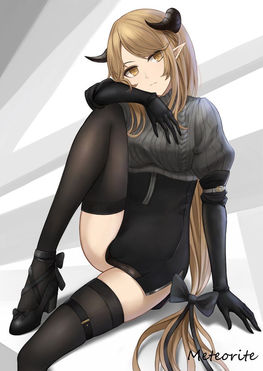 1girl arknights black_footwear black_gloves black_legwear blonde_hair bow character_name demon_girl dress elbow_gloves elf eyebrows_visible_through_hair gloves grey_sweater hair_bow hand_on_head highres horns knee_up long_hair looking_at_viewer meteorite_(arknights) pointy_ears selcky shoes simple_background sitting solo sweater thigh-highs yellow_eyes