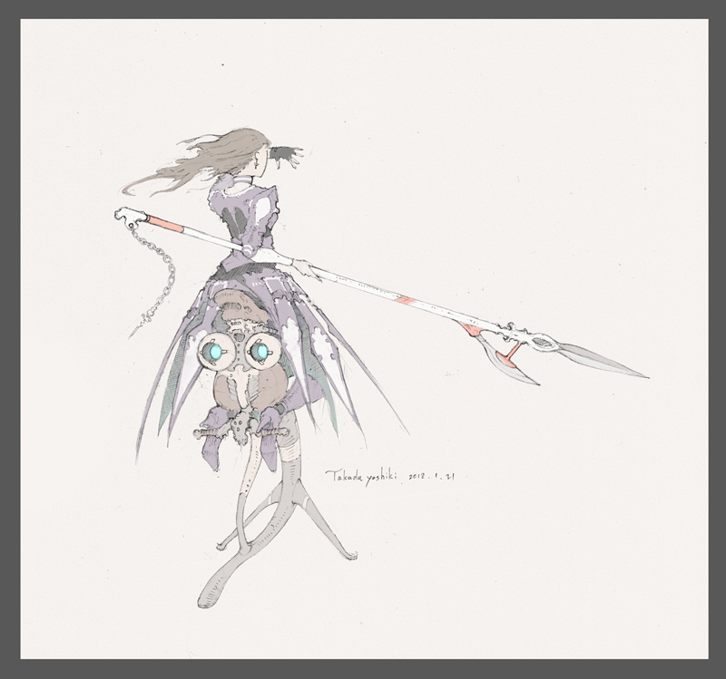 1girl black_border border brown_hair chain dated fingerless_gloves gaimoon gloves high_heels holding holding_lance holding_polearm holding_weapon lance long_hair long_sleeves original polearm signature simple_background sitting solo weapon white_background