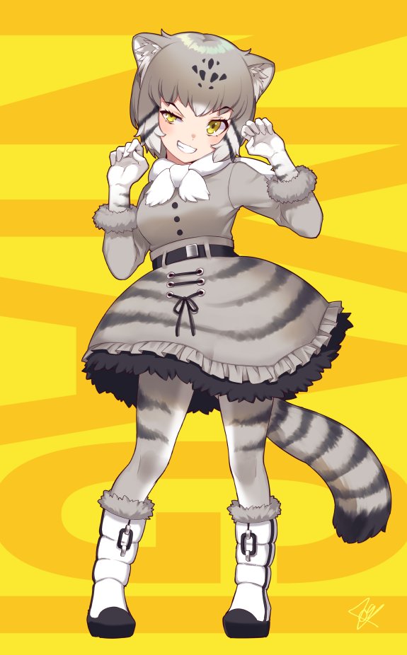 1girl animal_ears animal_print blush boots bow bowtie cat_ears cat_girl cat_print cat_tail claw_pose clenched_teeth commentary_request eyebrows_visible_through_hair frilled_skirt frills full_body fur_trim gloves grey_hair grey_skirt grey_sweater hatagaya high-waist_skirt kemono_friends long_sleeves pallas's_cat_(kemono_friends) short_hair skirt solo sweater tail teeth white_gloves white_neckwear winter_clothes yellow_eyes