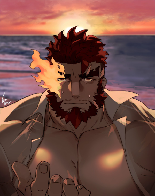 1boy abs bara beard chest close-up facial_hair flaming_eye gomtang hephaestus_(tokyo_houkago_summoners) looking_at_viewer male_focus manly muscle pectorals pov red_eyes scar solo thick_eyebrows tokyo_houkago_summoners upper_body