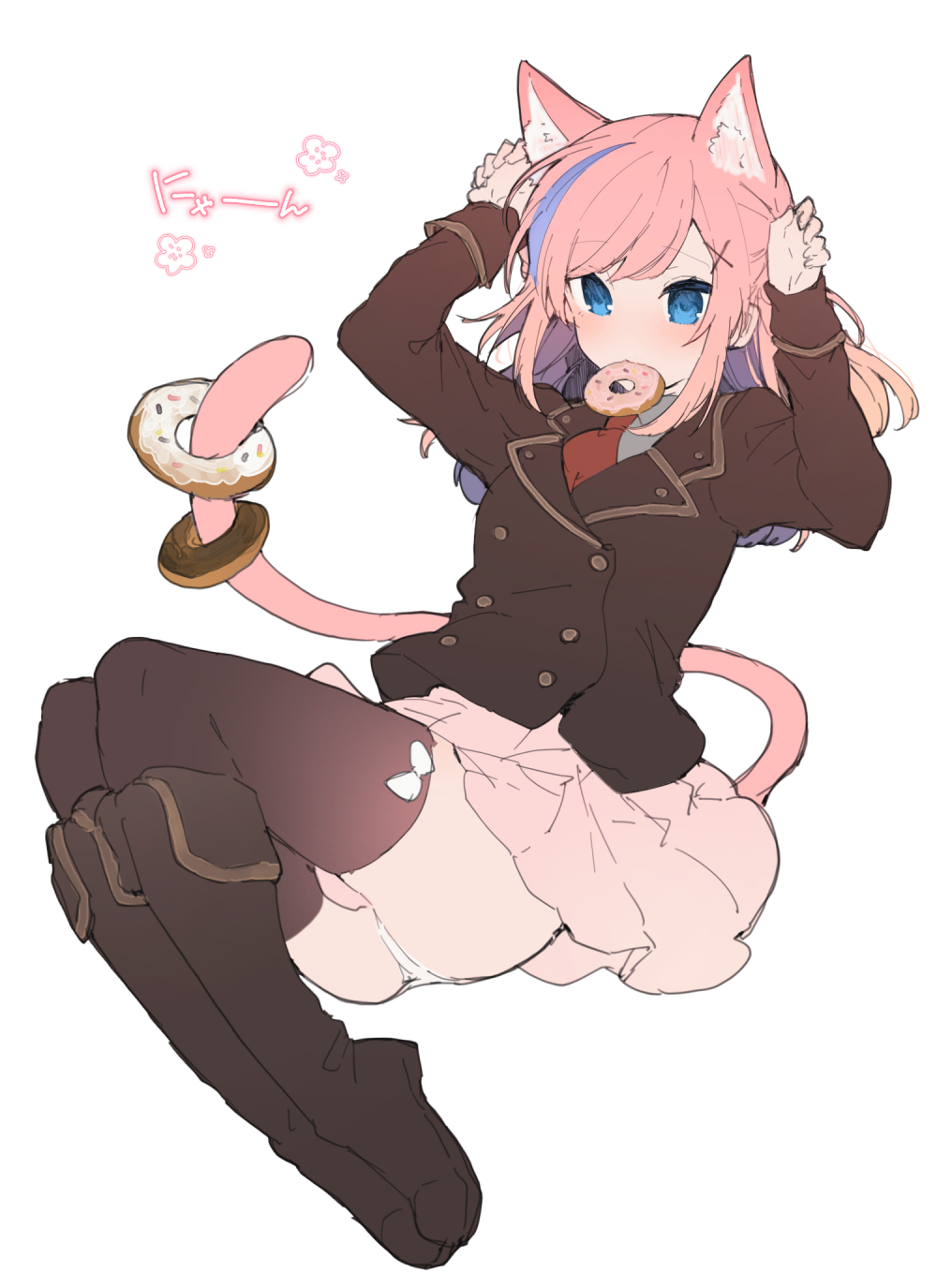 1girl animal_ears blue_eyes boots brown_footwear brown_jacket brown_legwear cat_ears cat_tail collared_shirt double-breasted doughnut food full_body grey_shirt hair_ornament hairclip highres ikeuchi_tanuma jacket long_sleeves looking_at_viewer mouth_hold multicolored_hair necktie nyan original panties paw_pose pink_hair pink_skirt prehensile_tail red_neckwear shirt skirt solo streaked_hair tail thigh-highs underwear white_background white_panties wing_collar x_hair_ornament