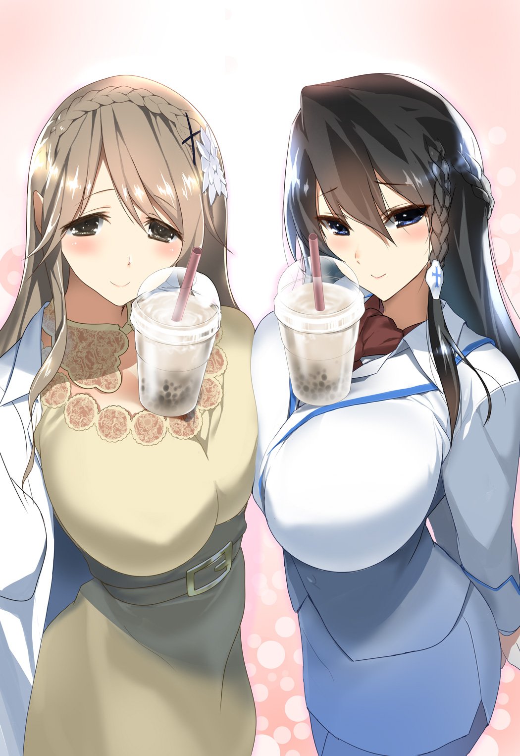 2girls arms_behind_back asymmetrical_docking bangs black_hair blue_eyes blush braid breast_press breasts brown_eyes brown_hair bubble_tea bubble_tea_challenge business_suit closed_mouth cowboy_shot crown_braid cup disposable_cup dress drink drinking_straw eyebrows_visible_through_hair flower formal hair_between_eyes hair_flower hair_ornament highres hima huge_breasts kishikawa_meru long_hair long_sleeves looking_at_viewer miniskirt moriyama_chisei multiple_girls novel_illustration object_on_breast official_art onee-san_sensei_wa_danshikousei_ni_ezukeshitai. pantyhose pencil_skirt shiny shiny_hair skirt skirt_suit smile suit textless white_skirt white_suit x_hair_ornament