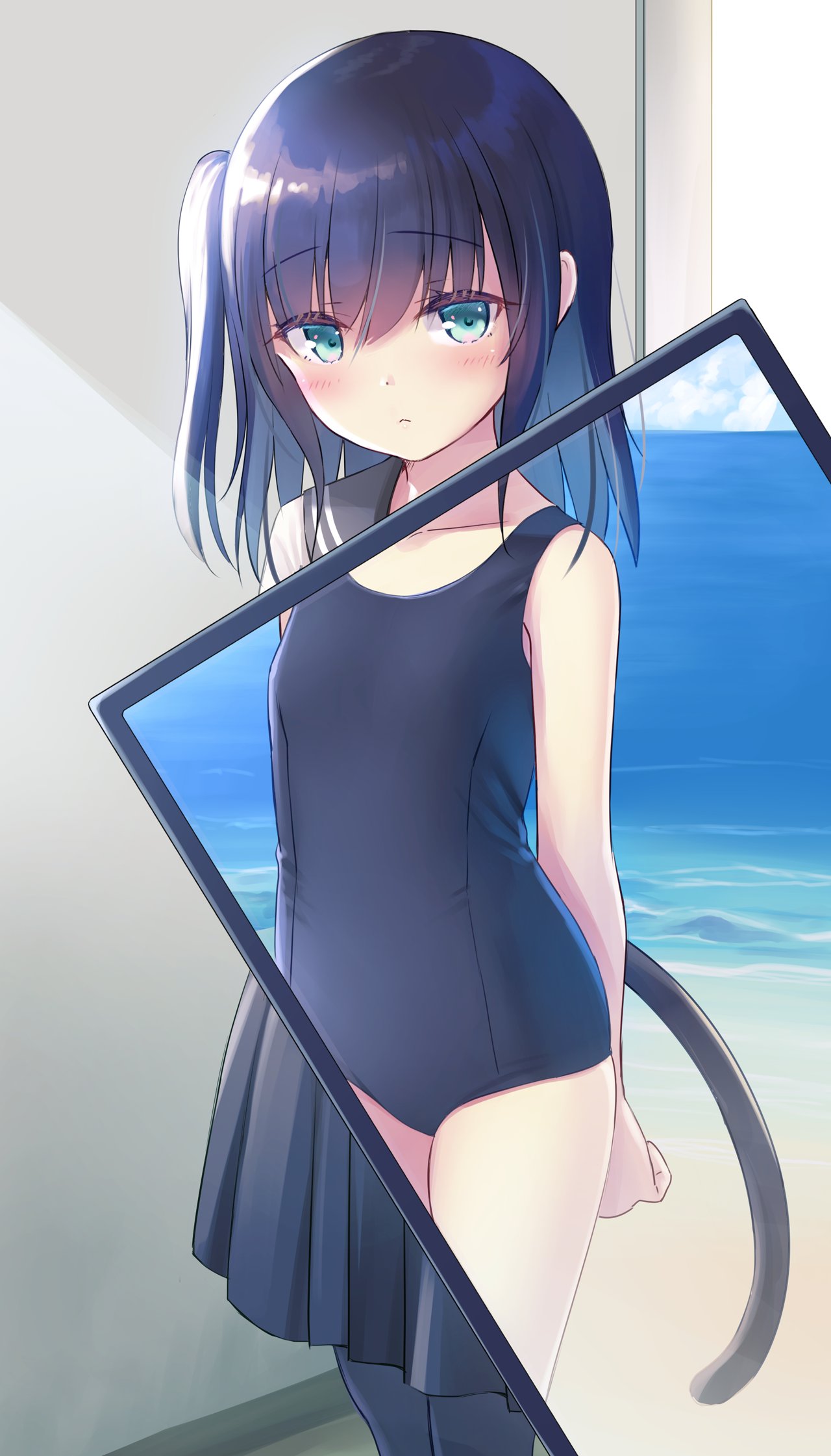 1girl black_hair black_legwear blue_eyes blush breasts cat_tail cowboy_shot eyebrows_visible_through_hair highres looking_at_viewer monitor na-ga original school_swimsuit school_uniform serafuku short_hair small_breasts solo swimsuit tail