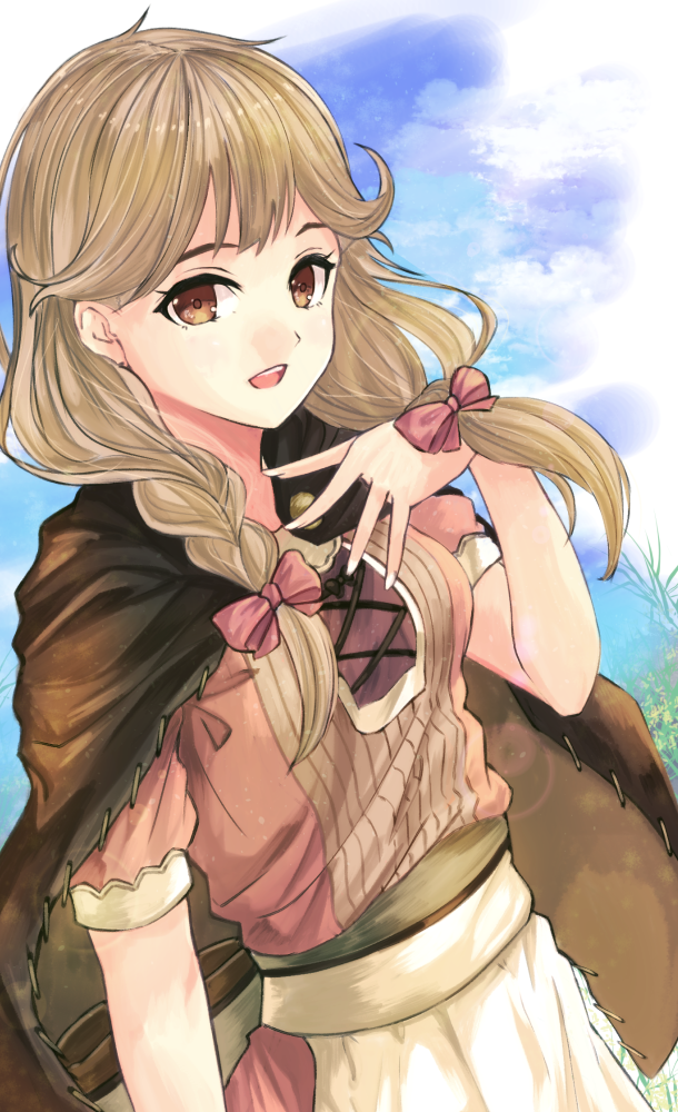 1girl :d apron bow brown_cape brown_eyes brown_hair cape day faye_(fire_emblem) fire_emblem fire_emblem_echoes:_shadows_of_valentia fuussu_(21-kazin) hair_bow long_hair open_mouth outdoors pink_bow pink_shirt shiny shiny_hair shirt short_sleeves smile solo standing waist_apron white_apron