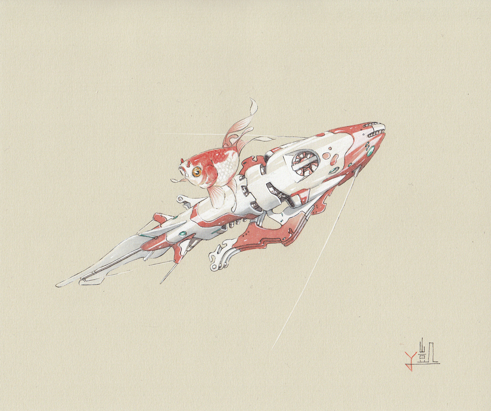 antennae calligraphy_brush_(medium) fins fish gaimoon mecha mechanization no_humans original signature simple_background tan_background traditional_media watercolor_(medium)