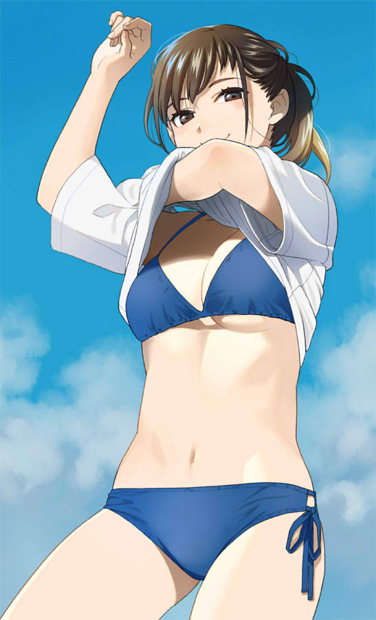 1girl arm_up bikini bikini_under_clothes blue_bikini blue_sky blush breasts brown_eyes brown_hair closed_mouth clouds cowboy_shot day lifted_by_self looking_at_viewer mattaku_mousuke navel original outdoors shirt shirt_lift short_sleeves side-tie_bikini sky small_breasts smile solo swimsuit white_shirt