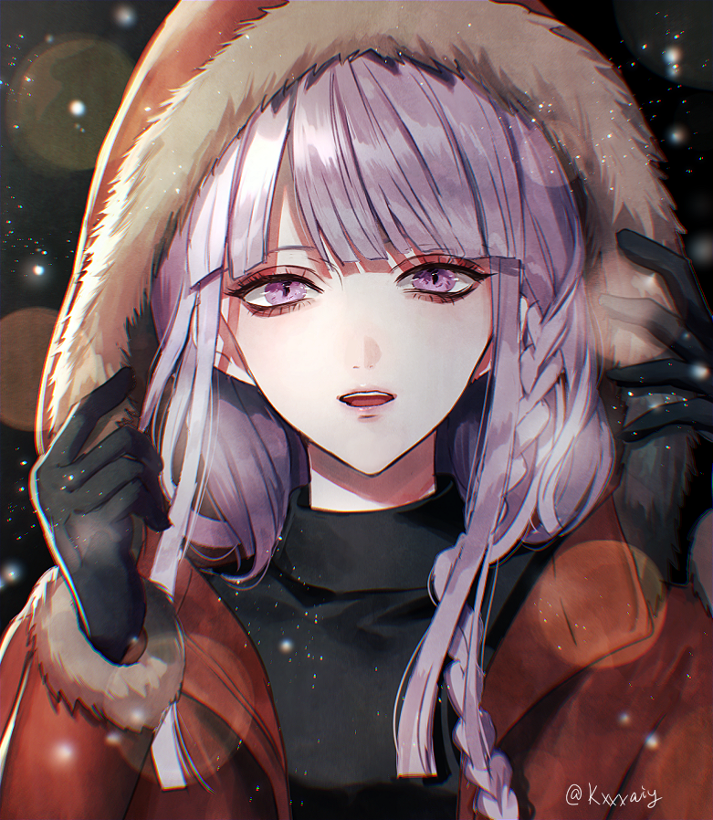 1girl alternate_costume artist_name bangs black_gloves black_sweater braid commentary_request dangan_ronpa dangan_ronpa_1 face fur-trimmed_sleeves fur_trim gloves hands_up hood hood_grab hood_up kirigiri_kyouko long_hair long_sleeves looking_at_viewer open_mouth purple_hair sakuyu smile solo sweater upper_body upper_teeth violet_eyes