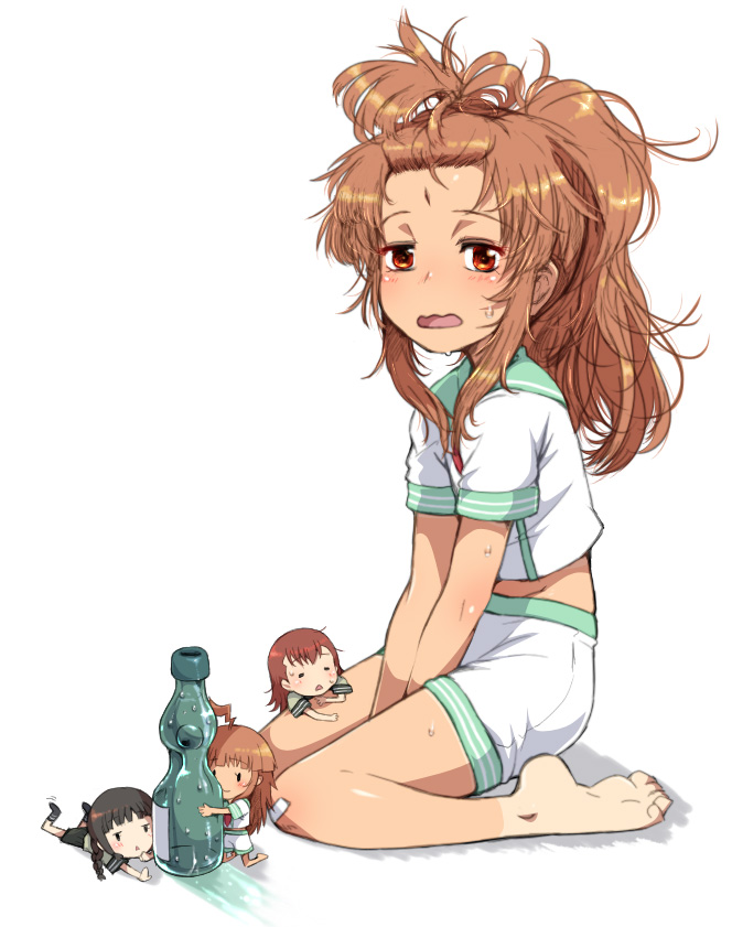 4girls ahoge alternate_hair_length alternate_hairstyle aqua_sailor_collar barefoot bottle brown_eyes brown_hair chibi commentary_request dual_persona fairy_(kantai_collection) huge_ahoge kantai_collection kitakami_(kantai_collection) kuma_(kantai_collection) long_hair looking_at_viewer messy_hair minigirl multiple_girls ooi_(kantai_collection) ponytail sailor_collar school_uniform serafuku short_sleeves shorts simple_background solo_focus tabigarasu white_background white_shorts