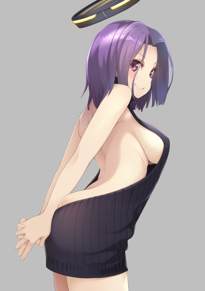 1girl alternate_costume arms_behind_back ass backless_outfit black_sweater blush breasts grey_background kantai_collection large_breasts mechanical_halo meme_attire mofu_namako naked_sweater purple_hair ribbed_sweater short_hair sideboob simple_background smile solo sweater tatsuta_(kantai_collection) turtleneck turtleneck_sweater violet_eyes virgin_killer_sweater