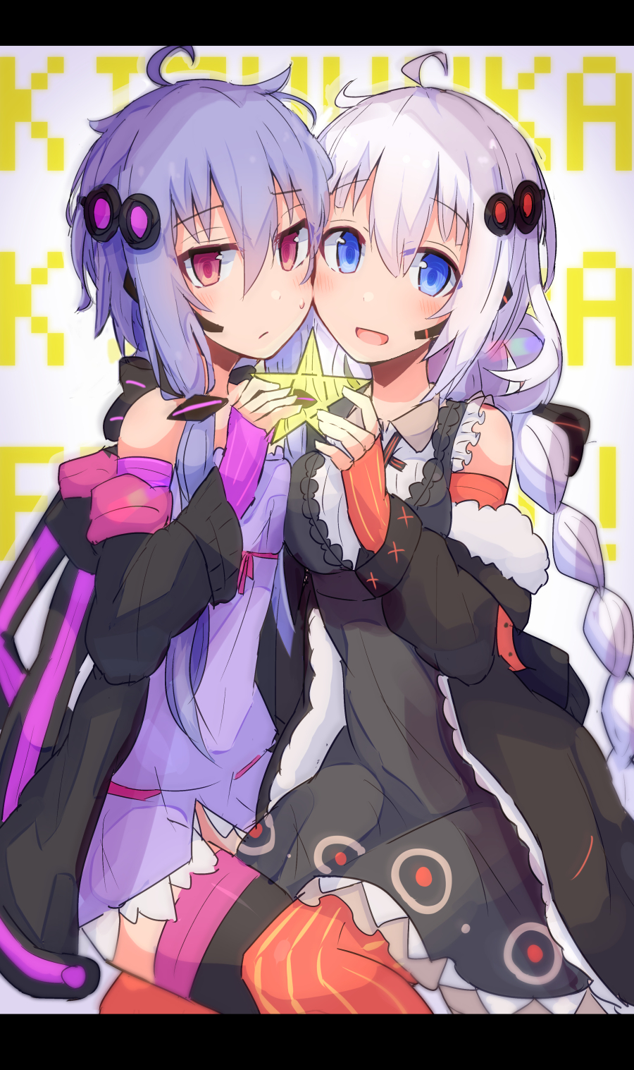 2girls ahoge bare_shoulders black_coat black_dress black_jacket black_legwear blue_hair braid breasts cheek-to-cheek coat commentary dress flat_chest fur-trimmed_coat fur_trim hair_ornament hair_tubes highres holding holding_star jacket kizuna_akari kujira_hebi light_smile long_hair looking_at_viewer medium_breasts multiple_girls open_mouth orange_legwear purple_dress purple_hair side-by-side sidelocks star_(symbol) strapless strapless_dress striped striped_legwear sweat thigh-highs tube_dress very_long_hair violet_eyes vocaloid voiceroid white_hair yuzuki_yukari