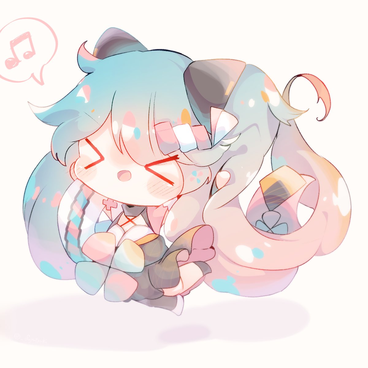 &gt;_&lt; 1girl aqua_hair arms_up asymmetrical_legwear beamed_eighth_notes blush_stickers chibi closed_eyes commentary fuyuzuki_gato gradient_hair hair_ribbon hatsune_miku highres japanese_clothes jumping kimono legs_up long_hair magical_mirai_(vocaloid) multicolored_hair musical_note ribbon single_thighhigh smile speech_bubble spoken_musical_note thigh-highs twintails very_long_hair vocaloid yukata