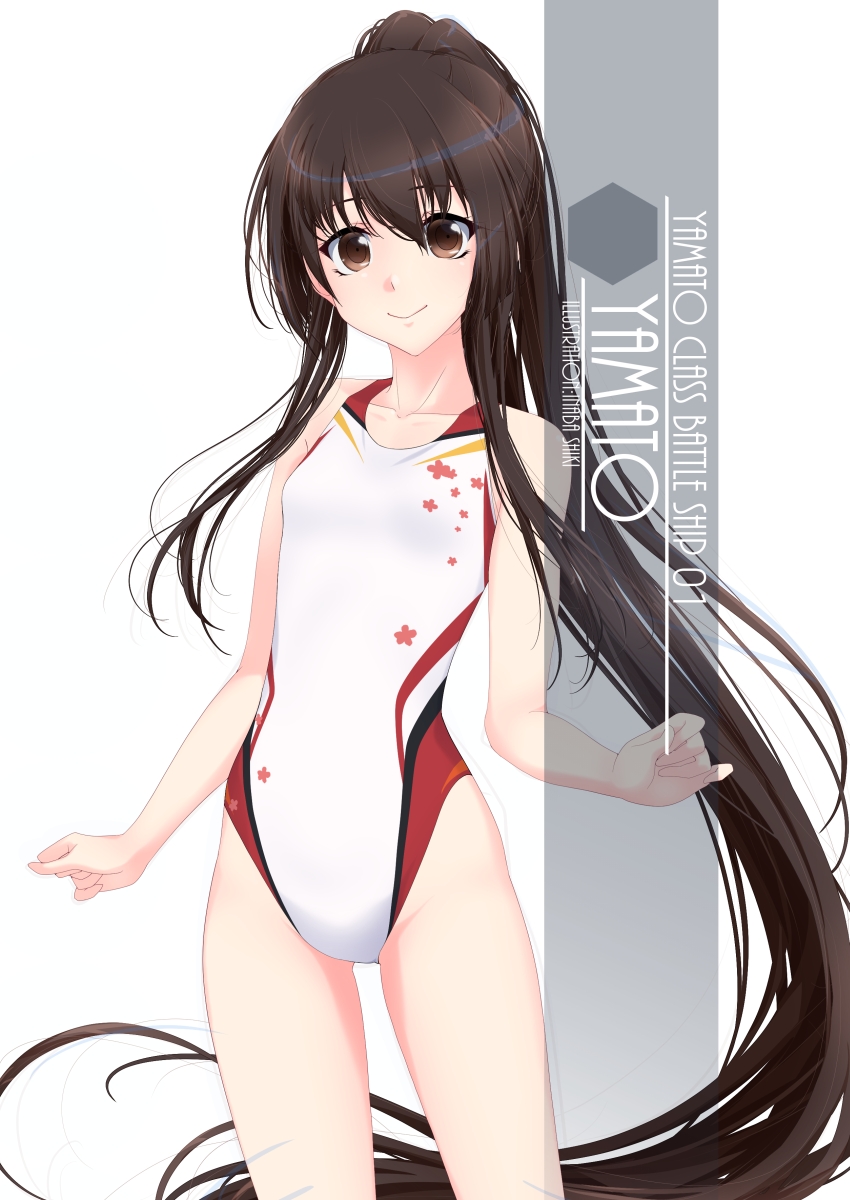 1girl alternate_breast_size artist_name brown_eyes brown_hair character_name competition_swimsuit cowboy_shot flat_chest highleg highleg_swimsuit highres inaba_shiki kantai_collection long_hair looking_at_viewer one-piece_swimsuit ponytail simple_background solo swimsuit white_background white_swimsuit yamato_(kantai_collection)
