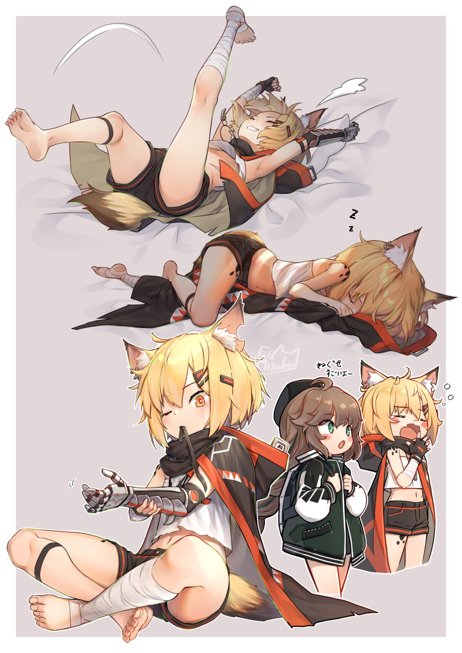 2girls animal_ear_fluff animal_ears arknights artist_name bandaged_arm bandaged_leg bandages barefoot blonde_hair closed_eyes commentary_request cuora_(arknights) earrings fang fingerless_gloves fox_ears fox_girl fox_tail gloves grin hair_ornament hairclip highres indian_style jacket jewelry looking_at_viewer lying medium_hair mitake_eiru multiple_earrings multiple_girls multiple_views navel necklace notched_ear on_back on_side one_eye_closed open_mouth originium_(arknights) partial_commentary pillow poncho prosthesis prosthetic_arm scar shirt short_shorts shorts sitting skin_fang sleeping smile tail translated vermeil_(arknights) white_shirt yawning yellow_eyes zzz