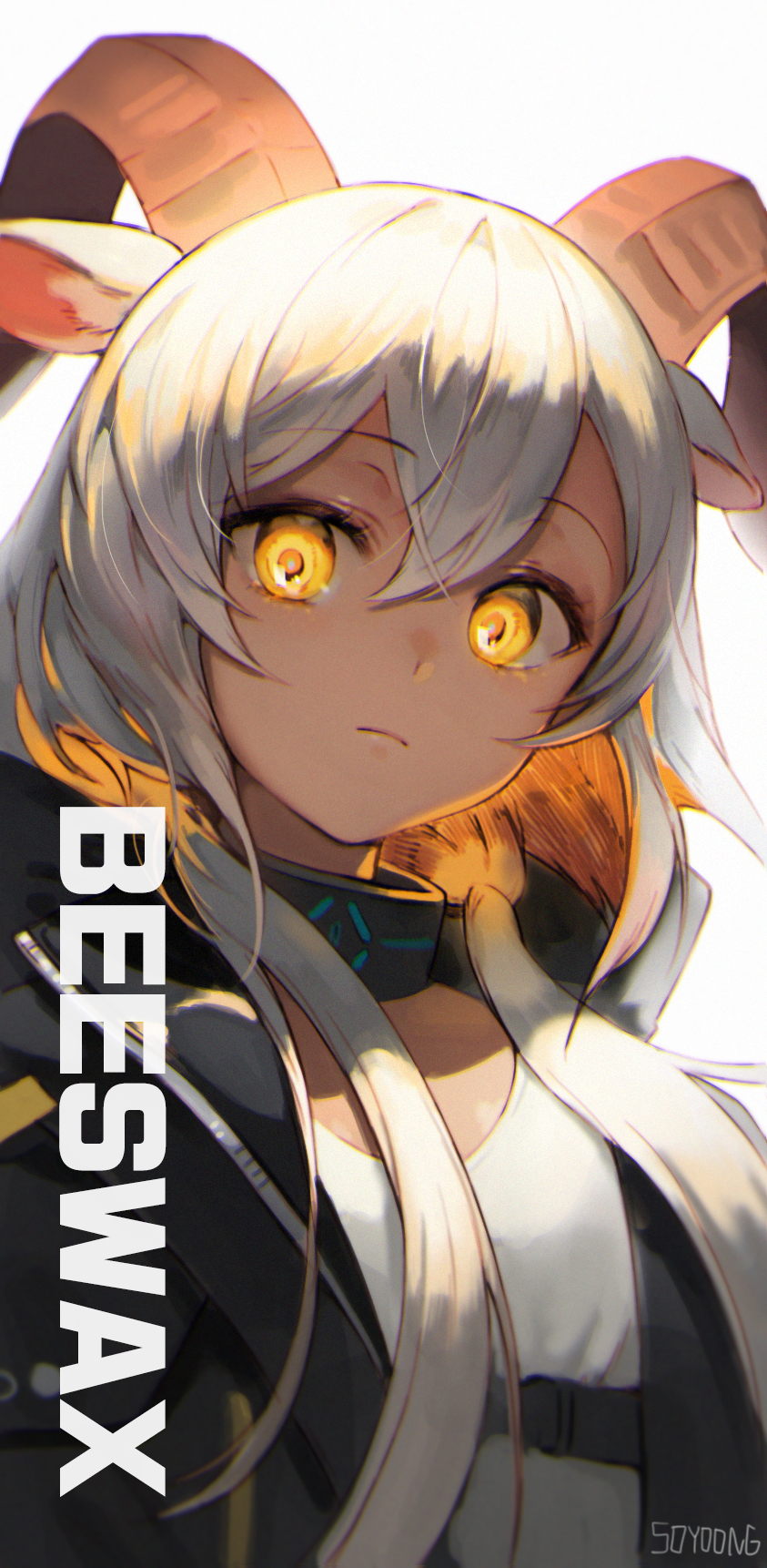 1girl animal_ears arknights bangs beeswax_(arknights) breasts character_name closed_mouth dark_skin dress expressionless hair_between_eyes highres horns jacket long_hair looking_at_viewer open_clothes open_jacket silver_hair small_breasts solo soyoong_jun white_dress yellow_eyes