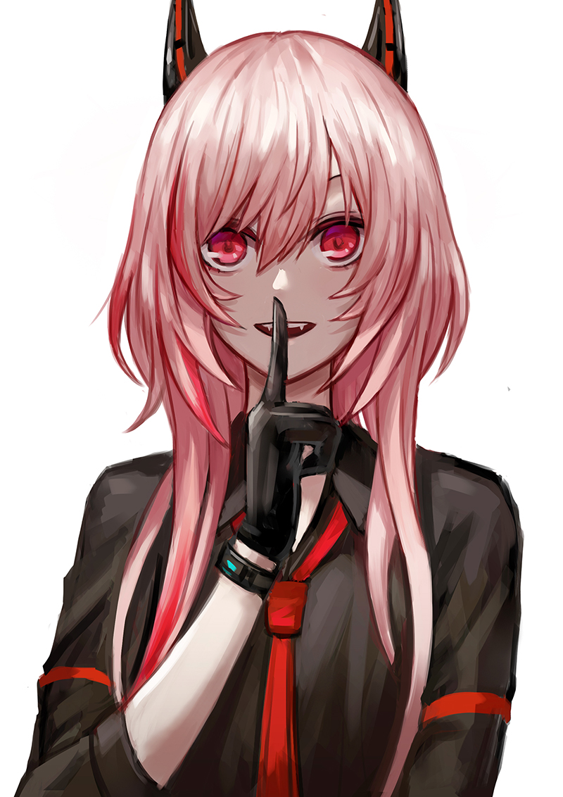 1girl black_gloves black_shirt eyebrows_visible_through_hair finger_to_mouth girls_frontline gloves hair_between_eyes long_hair looking_at_viewer m4_sopmod_ii_(girls_frontline) necktie open_mouth pink_hair red_eyes red_neckwear selcky shirt solo watch white_background