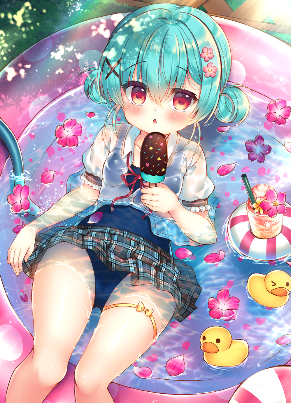 1girl aqua_hair bangs black_skirt blue_swimsuit blush chestnut_mouth collarbone collared_shirt commentary_request cup disposable_cup double_bun dress_shirt drinking_straw eyebrows_visible_through_hair feet_out_of_frame flower flower_on_liquid food hair_between_eyes hair_flower hair_ornament hairclip highres holding holding_food hose ice_cream innertube looking_at_viewer lying neck_ribbon on_back one-piece_swimsuit open_clothes open_shirt original parted_lips petals petals_on_liquid pink_flower plaid plaid_skirt pleated_skirt puffy_short_sleeves puffy_sleeves red_eyes red_flower red_ribbon ribbon rubber_duck school_swimsuit school_uniform shirt short_sleeves skirt solo suzunone_rena swimsuit swimsuit_under_clothes wading_pool water white_shirt x_hair_ornament