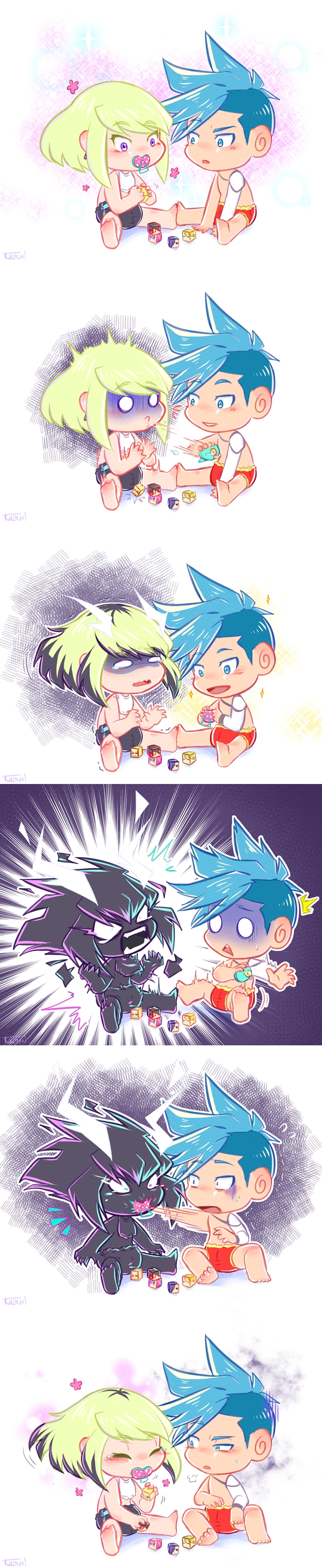 absurdres baby bib blocks blue_hair blush burnish cassou-chan chibi confused galo_thymos green_hair gueira happy heris_ardebit highres ignis_ex kray_foresight lio_fotia long_image mad_burnish meis_(promare) mohawk pacifier playing promare scared short_hair signature spiky_hair spoilers surprised tall_image tantrum tears younger