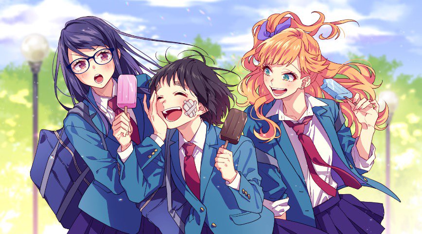 3girls :d bag bandage_on_face bangs black_hair blue_jacket blue_skirt blue_sky blush character_request closed_eyes clouds collared_shirt copyright_request dress_shirt food green_eyes hair_ribbon hand_on_another's_cheek hand_on_another's_face holding holding_food ice_cream_bar jacket lamppost long_hair looking_at_another multiple_girls open_clothes open_jacket open_mouth orange_hair outdoors pink_nails pleated_skirt purple_hair red_neckwear ribbon school_bag school_uniform shirt short_hair skirt sky sleeves_rolled_up smile swept_bangs tree violet_eyes white_shirt yamako_(state_of_children)