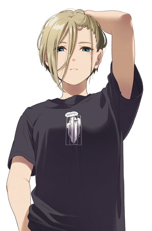 1girl arm_up bangs black_shirt blue_eyes breasts brown_hair clothes_writing eyebrows_behind_hair hair_between_eyes looking_at_viewer mattaku_mousuke original print_shirt shirt short_hair short_sleeves simple_background small_breasts solo translation_request upper_body white_background